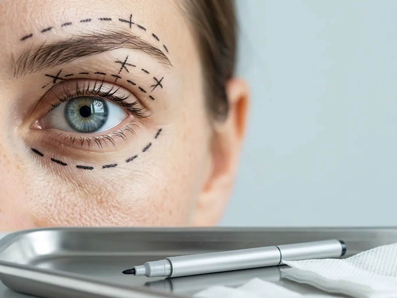 Pre Operative Markings for Upper and Lower Blepharoplasty A close up of a patients eye with detailed surgical ink markings on the brow upper eyelid and lower eyelid area
