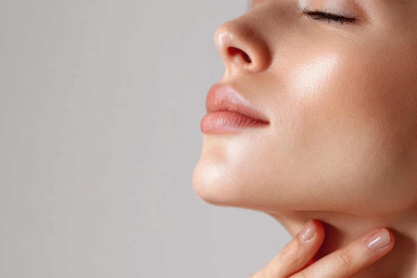 woman touching face smooth skin Womans smooth youthful skin with closed eyes and a serene expression