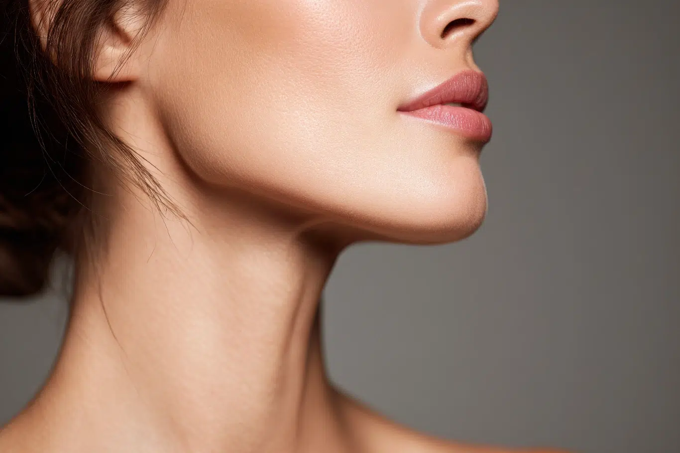 lower face rejuvenation natural results Close-up of woman's smooth jawline and neck highlighting youthful skin and profile.